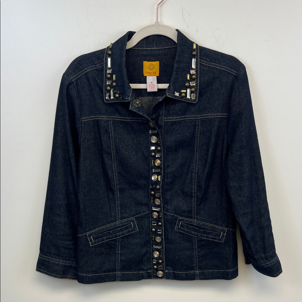 Ruby Rd. Women's Dark Blue Denim Jean Jacket with Gold jeweled accents Size 12